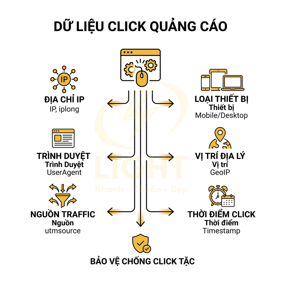 Sơ đồ dữ liệu click quảng cáo gồm IP, thiết bị, trình duyệt, vị trí, nguồn traffic, thời điểm để chống click tặc
