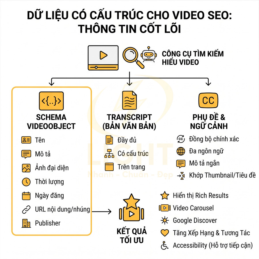 Dữ liệu có cấu trúc cho video SEO với schema VideoObject, transcript, phụ đề và lợi ích tối ưu hiển thị tìm kiếm