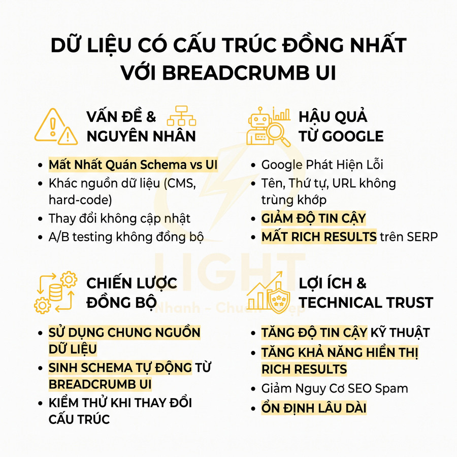 Infographic về dữ liệu có cấu trúc đồng nhất với breadcrumb UI và lợi ích technical SEO