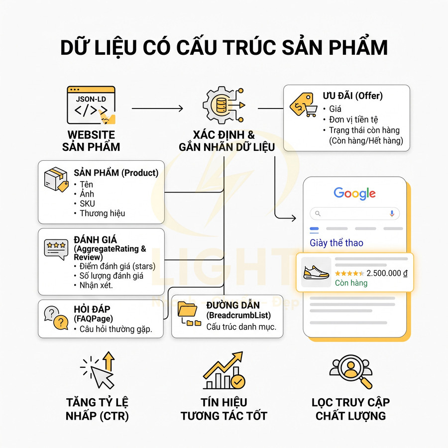 Sơ đồ dữ liệu có cấu trúc sản phẩm giúp hiển thị giá, đánh giá và tình trạng còn hàng trên kết quả tìm kiếm Google