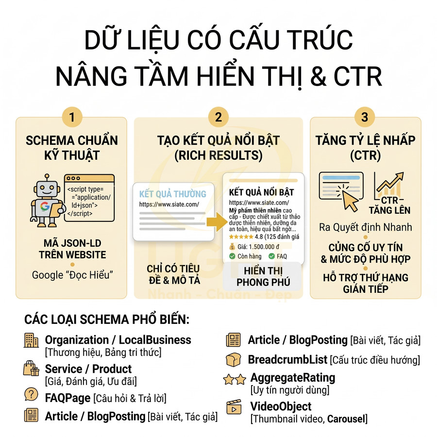 Infographic hướng dẫn dùng dữ liệu có cấu trúc schema để tạo rich results và tăng CTR trong kết quả tìm kiếm Google