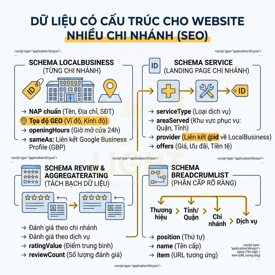 Hướng dẫn cấu trúc dữ liệu schema SEO cho website nhiều chi nhánh với LocalBusiness Service Review BreadcrumbList