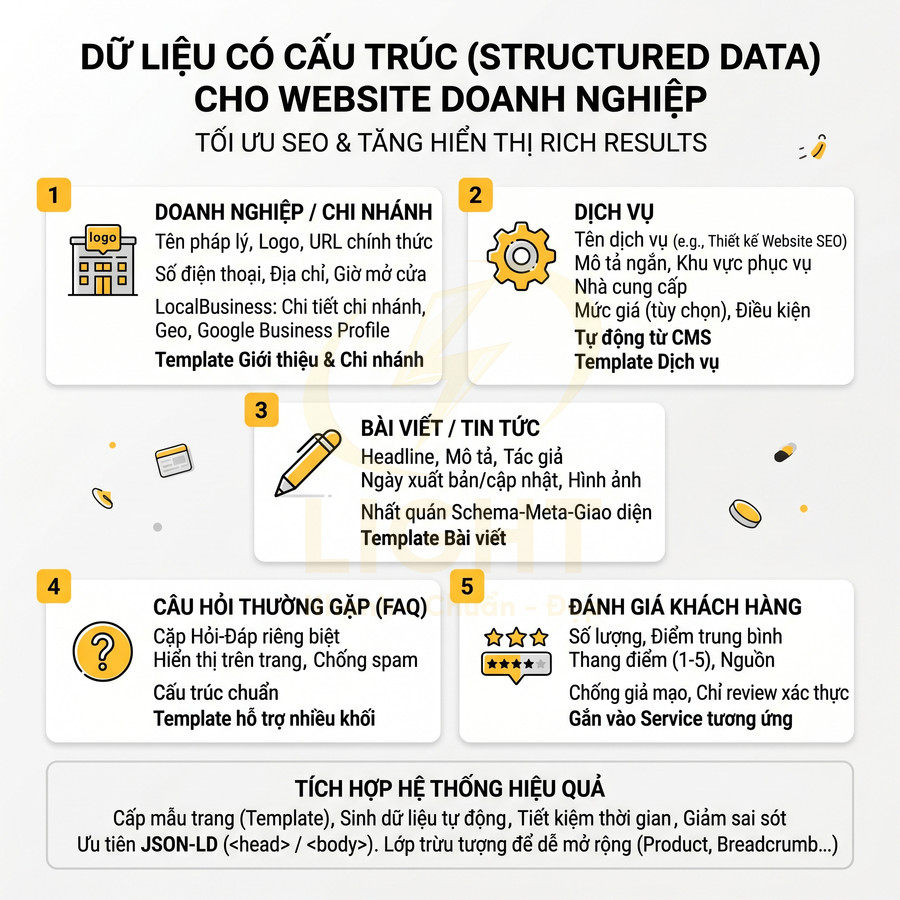 Infographic hướng dẫn triển khai dữ liệu có cấu trúc SEO cho website doanh nghiệp với 5 nhóm nội dung chính