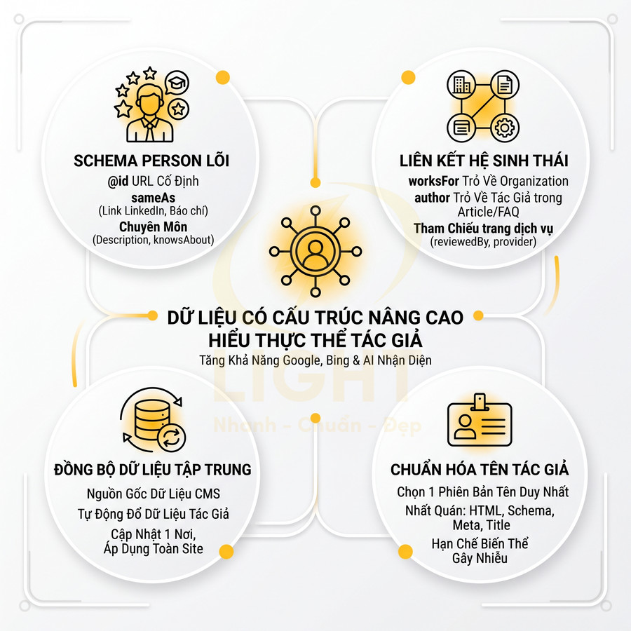 Infographic giải thích lợi ích dữ liệu có cấu trúc nâng cao để Google hiểu thực thể tác giả và đồng bộ thông tin tác giả