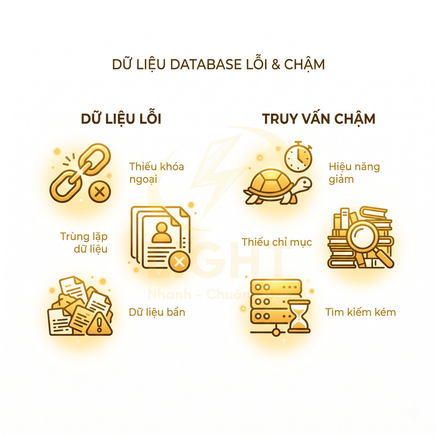 Minh họa các lỗi dữ liệu và truy vấn chậm trong database như trùng lặp, thiếu khóa ngoại, thiếu chỉ mục, hiệu năng giảm