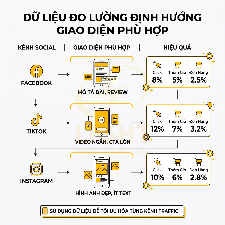 Infographic so sánh giao diện Facebook TikTok Instagram và tỷ lệ click thêm giỏ đơn hàng để tối ưu kênh traffic