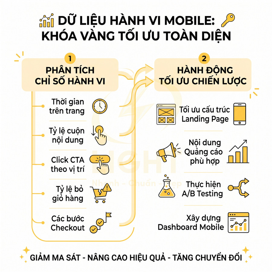 Infographic dữ liệu hành vi mobile với các bước phân tích chỉ số và hành động tối ưu chiến lược tăng chuyển đổi