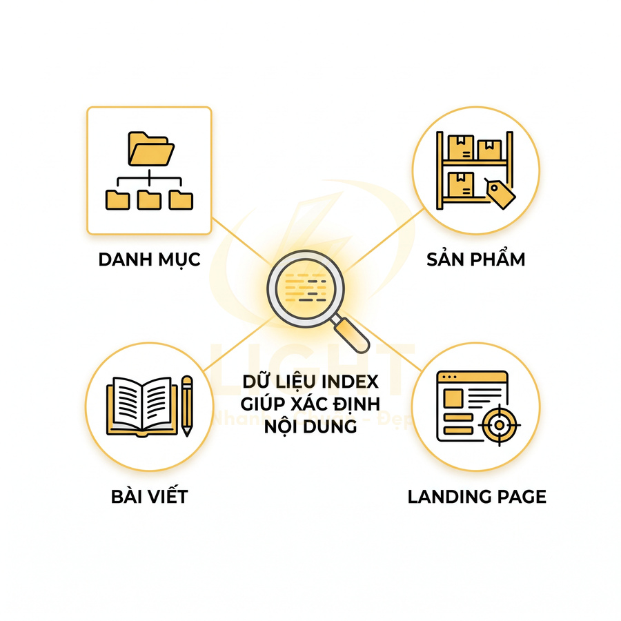 Sơ đồ dữ liệu index giúp xác định nội dung cho danh mục sản phẩm bài viết và landing page trong SEO
