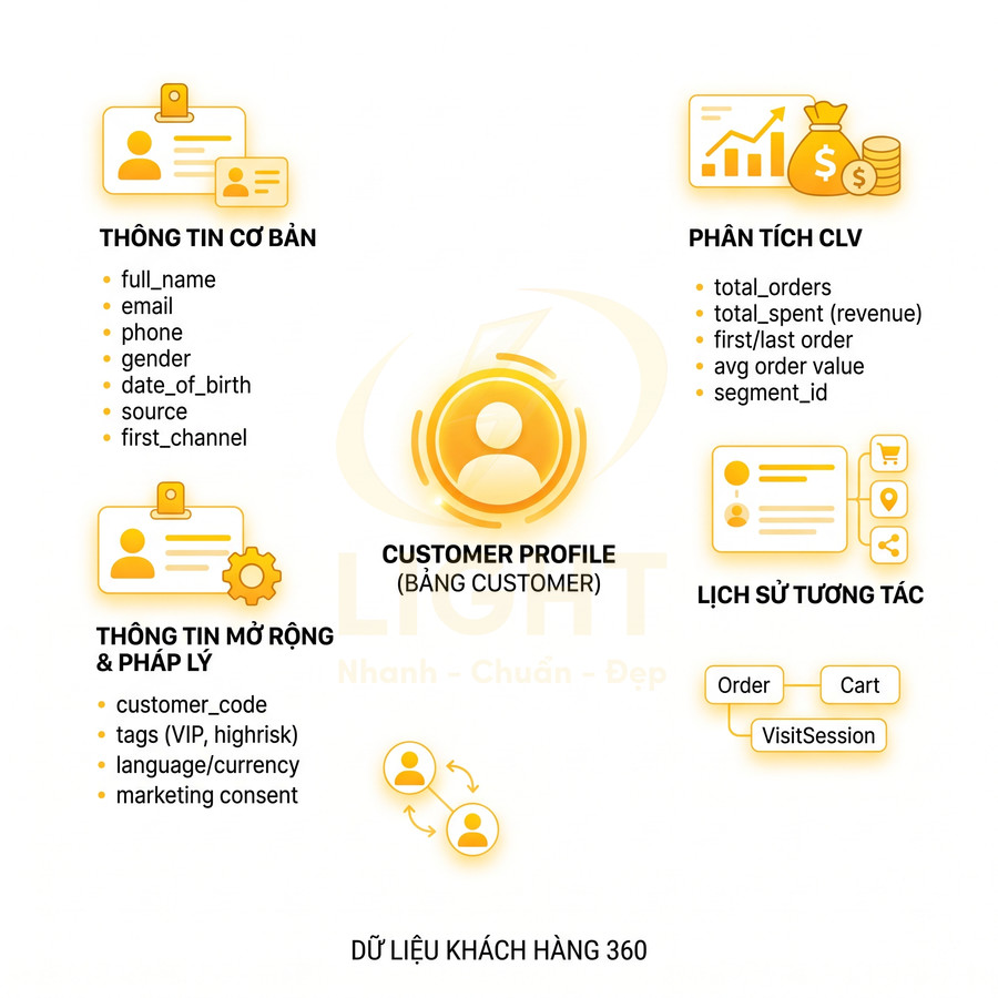 Mô hình dữ liệu khách hàng 360 với customer profile, thông tin cơ bản, mở rộng, phân tích CLV và lịch sử tương tác