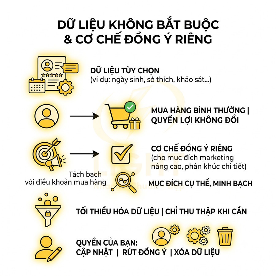 Infographic tiếng Việt về dữ liệu không bắt buộc, cơ chế đồng ý riêng và quyền cập nhật, rút đồng ý, xóa dữ liệu