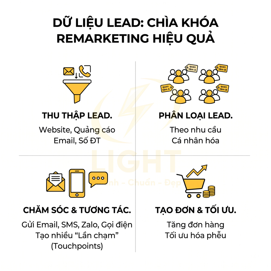 Quy trình sử dụng dữ liệu lead để remarketing hiệu quả từ thu thập, phân loại, chăm sóc đến tạo đơn và tối ưu hóa