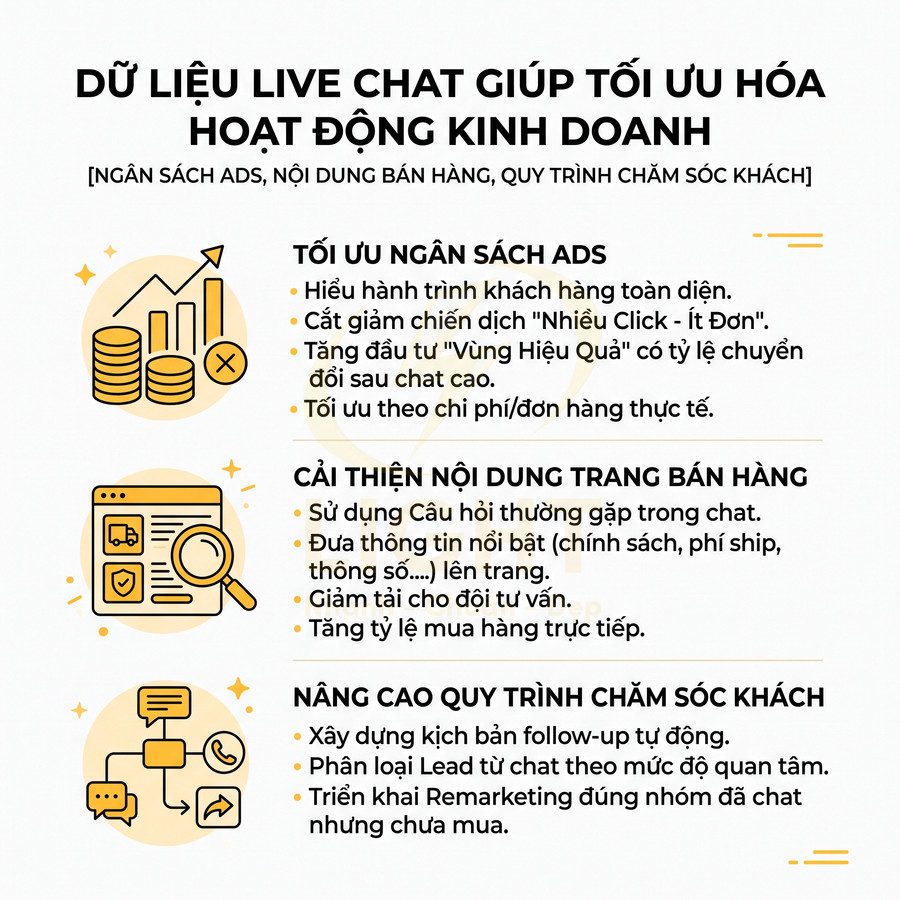 Infographic lợi ích dữ liệu live chat trong tối ưu ngân sách quảng cáo, nội dung bán hàng và quy trình chăm sóc khách hàng