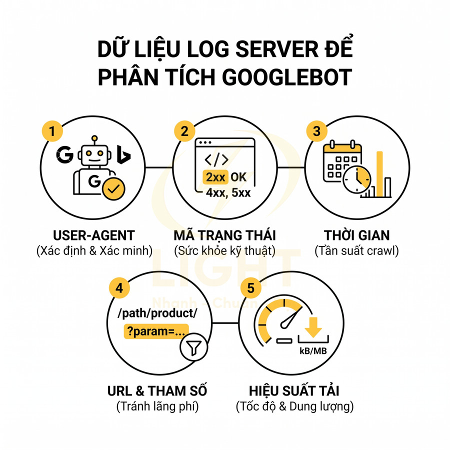 Infographic dữ liệu log server phân tích Googlebot với user agent, mã trạng thái, thời gian, URL tham số và hiệu suất tải