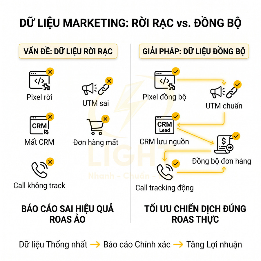 So sánh dữ liệu marketing rời rạc và đồng bộ, nêu vấn đề pixel, UTM, CRM, call tracking và lợi ích tối ưu ROAS