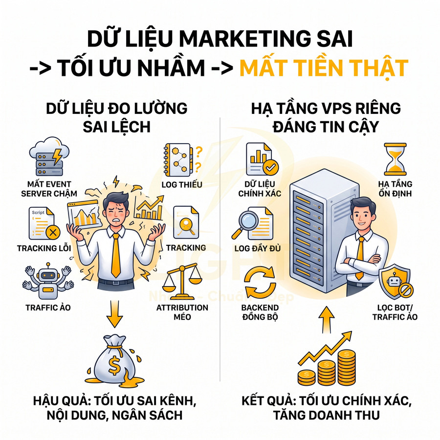 So sánh dữ liệu marketing sai lệch và hạ tầng VPS riêng giúp đo lường chính xác, tối ưu quảng cáo tăng doanh thu