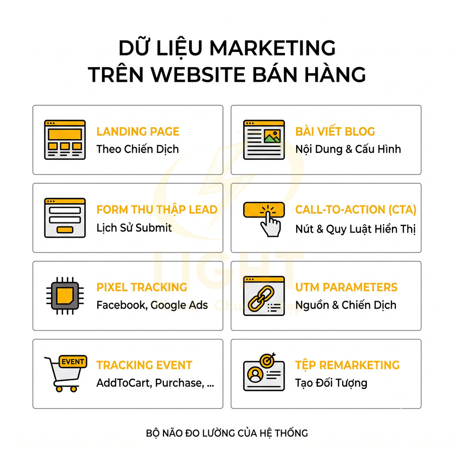 Các loại dữ liệu marketing trên website bán hàng như landing page, form lead, pixel, UTM, tracking event, tệp remarketing