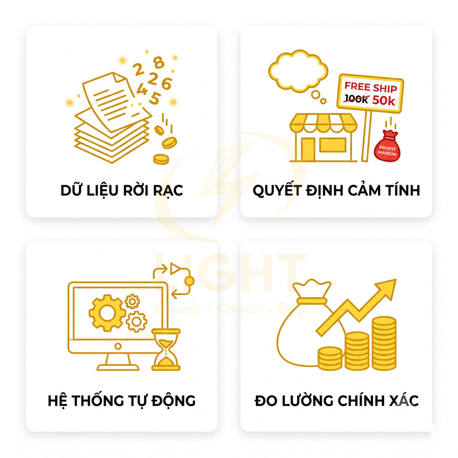 Minh họa quy trình chuyển dữ liệu rời rạc và quyết định cảm tính thành hệ thống tự động đo lường chính xác doanh thu