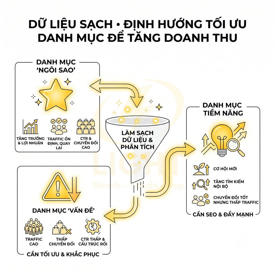 Mô hình làm sạch dữ liệu để phân loại danh mục ngôi sao, tiềm năng và vấn đề nhằm tối ưu SEO tăng doanh thu