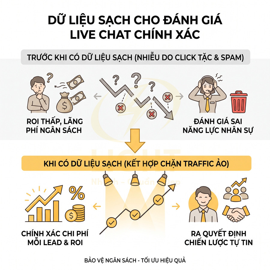 Infographic lợi ích dữ liệu sạch cho đánh giá live chat chính xác, tối ưu chi phí marketing và ra quyết định chiến lược tự tin