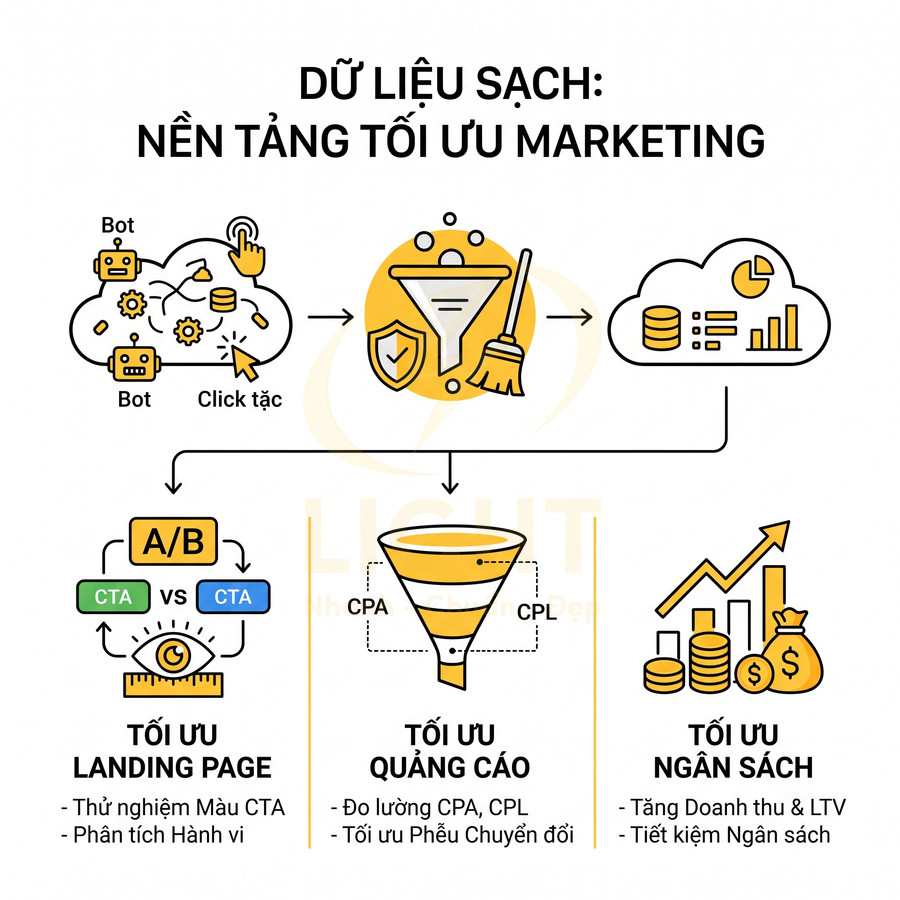 Mô hình dữ liệu sạch giúp tối ưu landing page, quảng cáo và ngân sách marketing với biểu đồ và phễu chuyển đổi