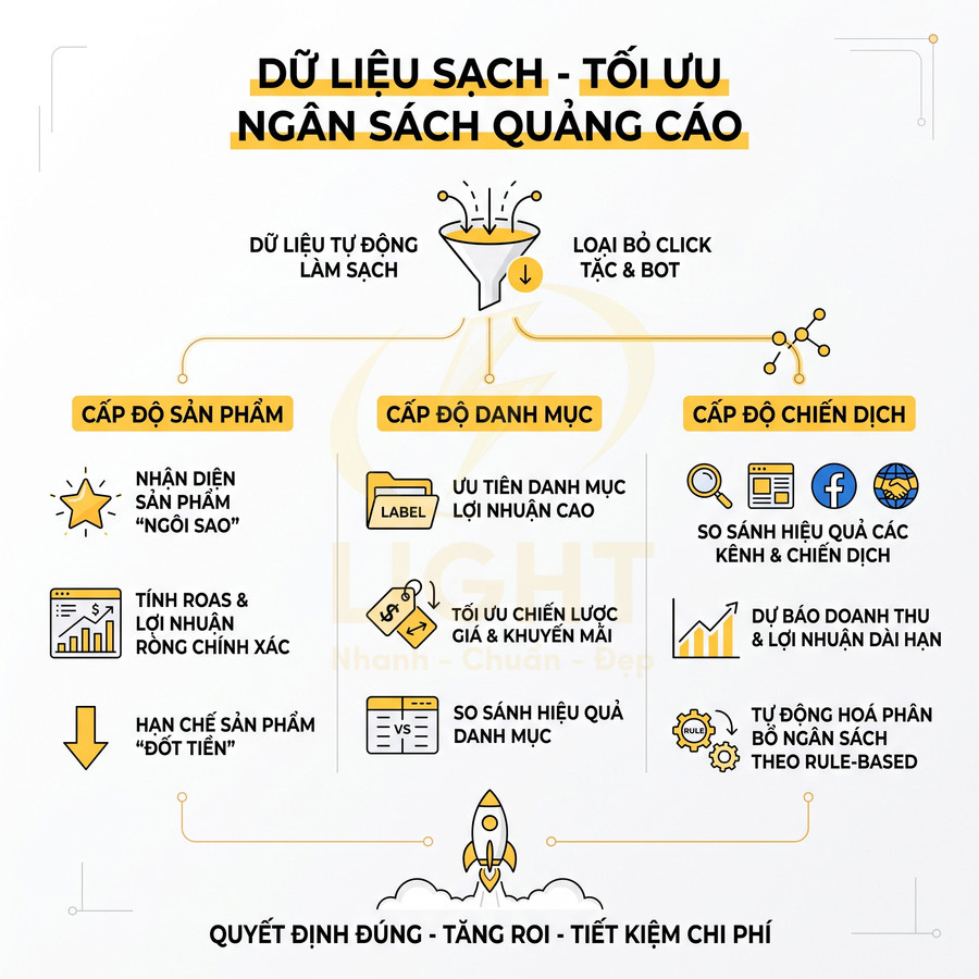 Infographic giải pháp dữ liệu sạch tối ưu ngân sách quảng cáo theo cấp độ sản phẩm danh mục và chiến dịch