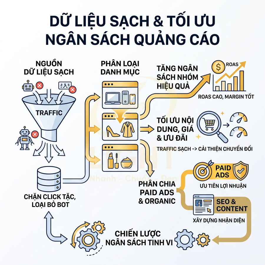 Sơ đồ quy trình lọc dữ liệu sạch và tối ưu ngân sách quảng cáo online, phân bổ traffic cho paid ads và SEO