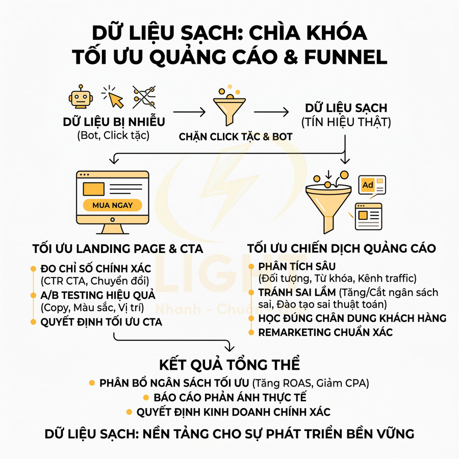 Infographic quy trình dùng dữ liệu sạch để chặn click tặc, tối ưu landing page, chiến dịch quảng cáo và phân bổ ngân sách