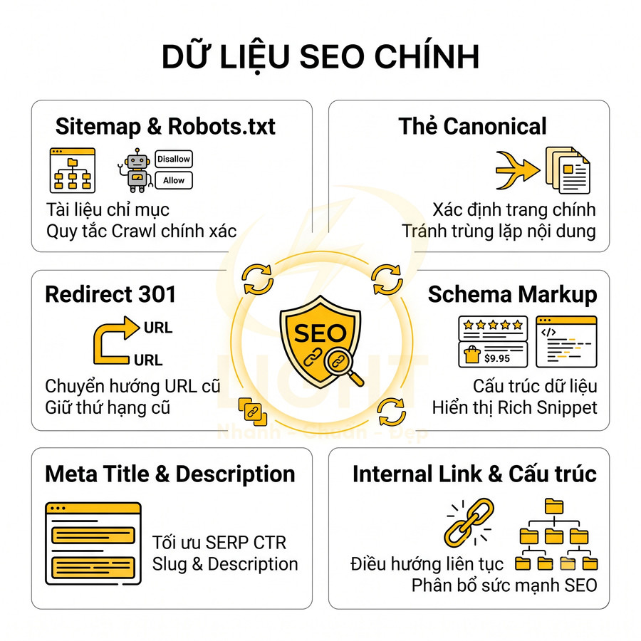 Các yếu tố dữ liệu SEO chính gồm sitemap, robots.txt, canonical, redirect 301, schema, meta và internal link