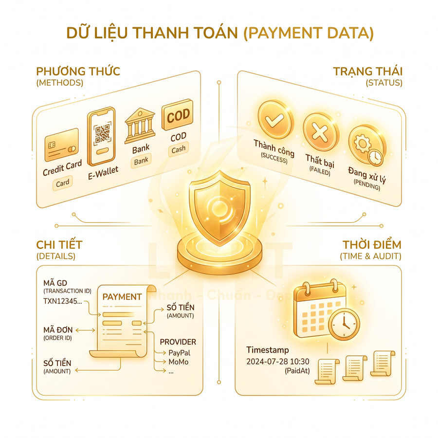 Minh họa dữ liệu thanh toán với các phương thức, trạng thái, chi tiết giao dịch và thời điểm kèm biểu tượng bảo mật