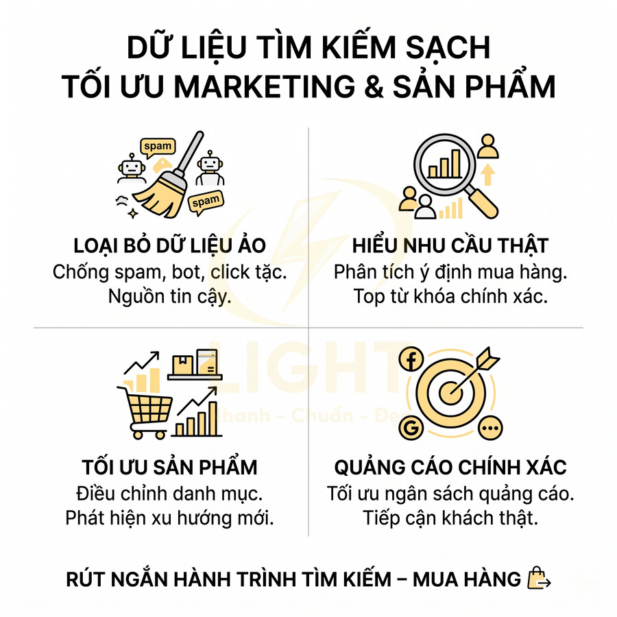 Mô tả lợi ích dữ liệu tìm kiếm sạch cho marketing sản phẩm gồm loại bỏ dữ liệu ảo, tối ưu sản phẩm và quảng cáo chính xác
