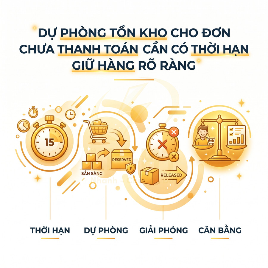Minh họa quy trình dự phòng tồn kho cho đơn chưa thanh toán với thời hạn giữ hàng và cân bằng bán hàng