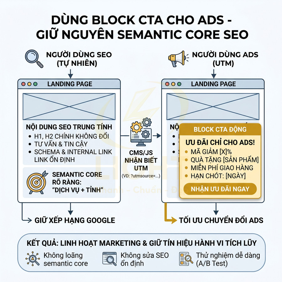 Infographic hướng dẫn dùng block CTA động cho quảng cáo mà vẫn giữ nguyên semantic core SEO trên landing page