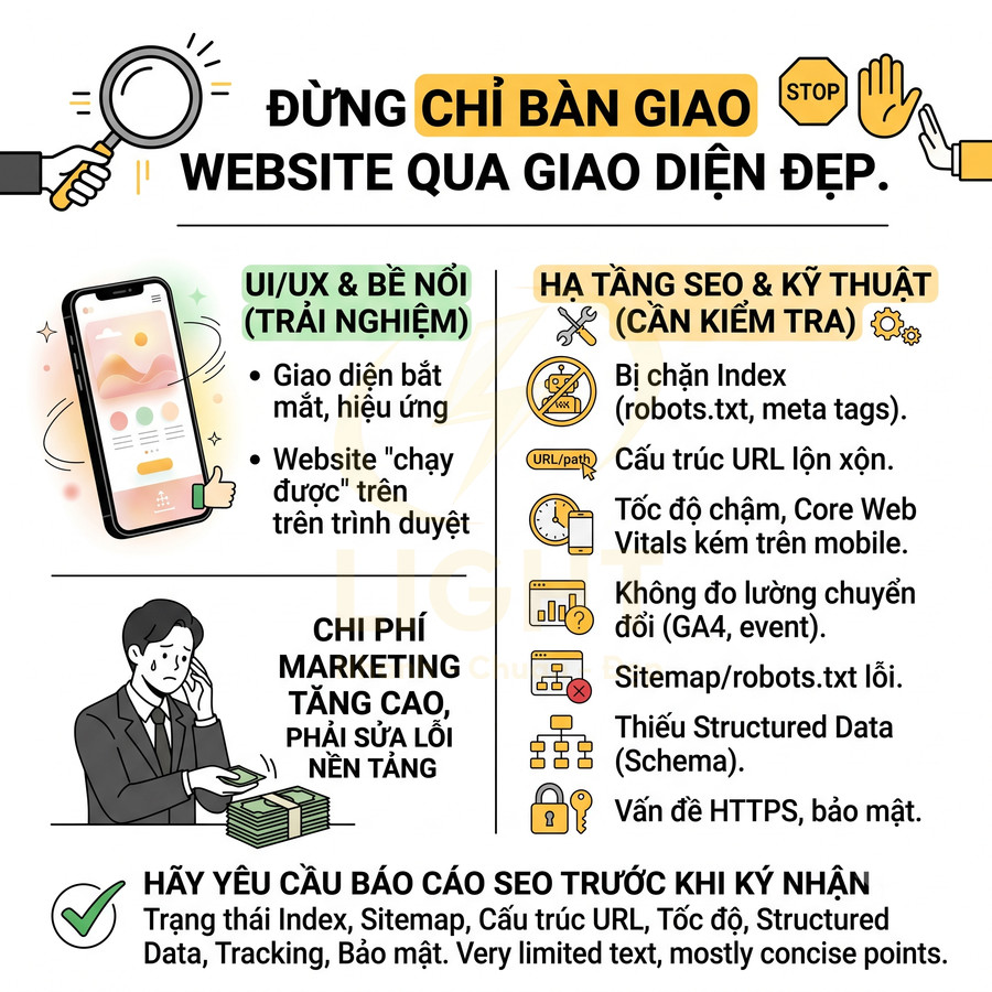 Infographic cảnh báo không chỉ bàn giao website qua giao diện đẹp mà cần kiểm tra hạ tầng SEO và kỹ thuật