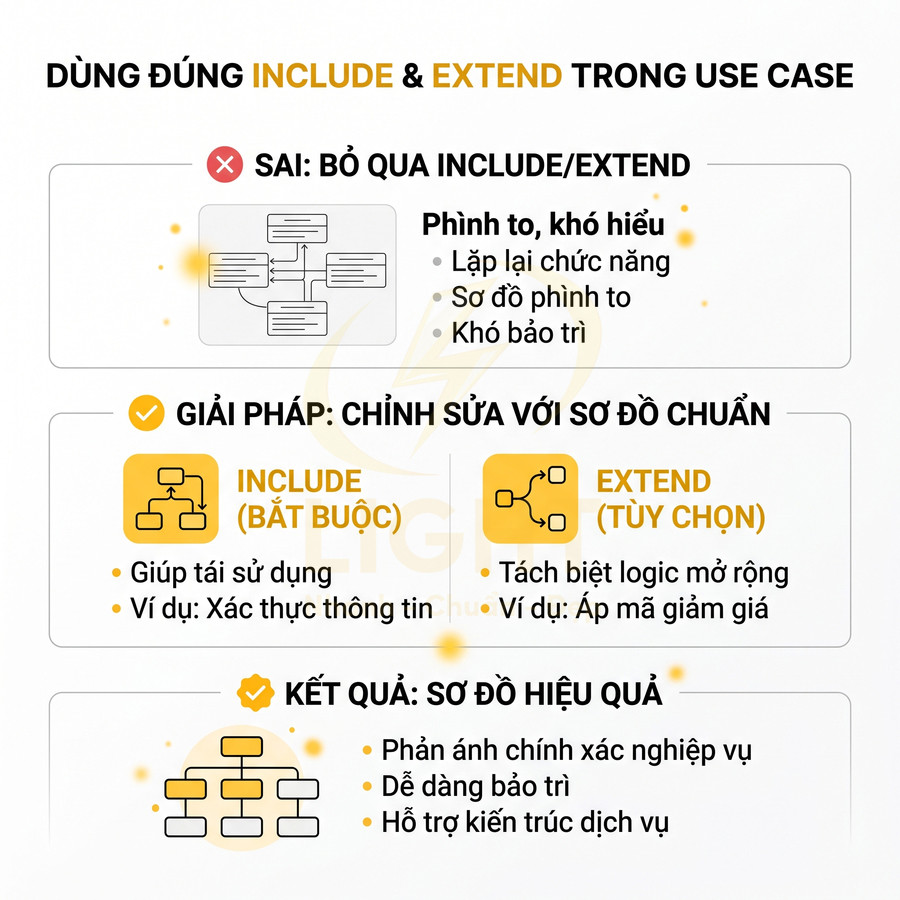 Hướng dẫn dùng đúng include và extend trong use case để tối ưu sơ đồ nghiệp vụ và bảo trì hệ thống