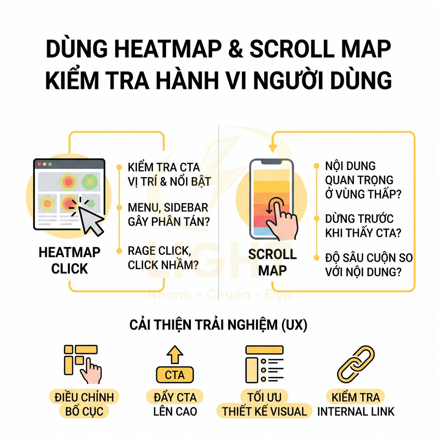 Infographic dùng heatmap và scroll map phân tích hành vi người dùng để tối ưu UX và CTA trên website