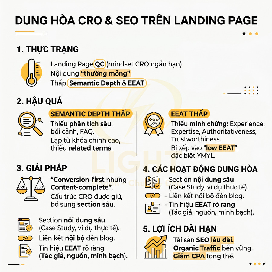 Infographic hướng dẫn dung hòa CRO và SEO trên landing page với thực trạng, hậu quả, giải pháp và lợi ích dài hạn