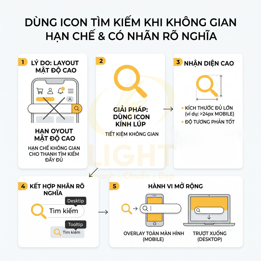 Hướng dẫn UX dùng icon kính lúp thay thanh tìm kiếm khi không gian giao diện hạn chế trên mobile và desktop