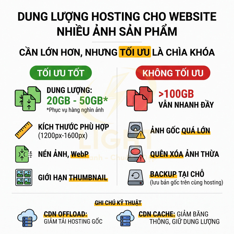 Hướng dẫn tối ưu dung lượng hosting cho website nhiều ảnh sản phẩm với so sánh cấu hình tốt và không tối ưu