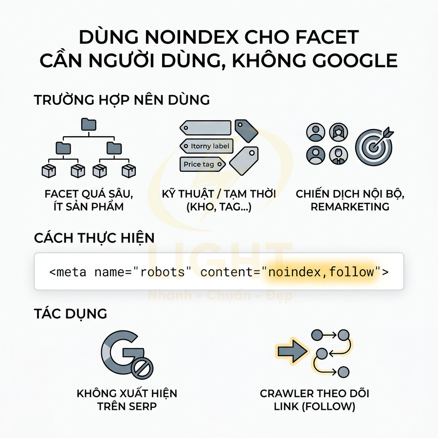 Hướng dẫn dùng thẻ meta robots noindex follow cho facet cần người dùng không cần Google trong SEO