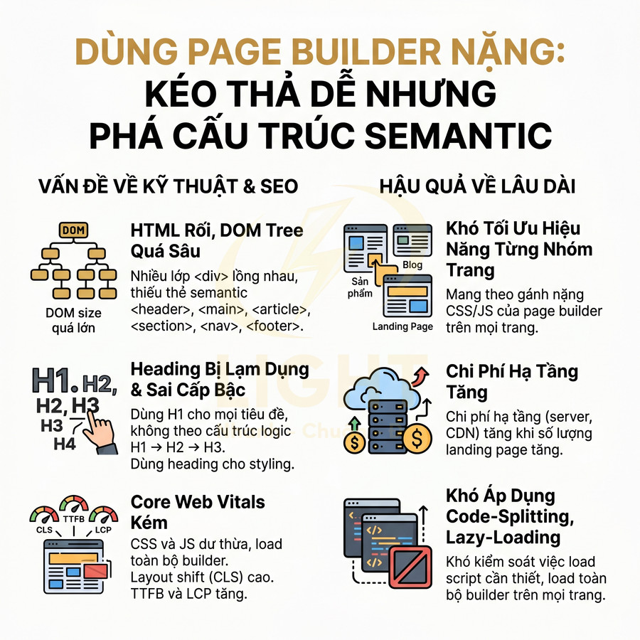 Minh họa tác hại dùng page builder nặng với HTML rối, DOM sâu, Core Web Vitals kém và chi phí hạ tầng tăng