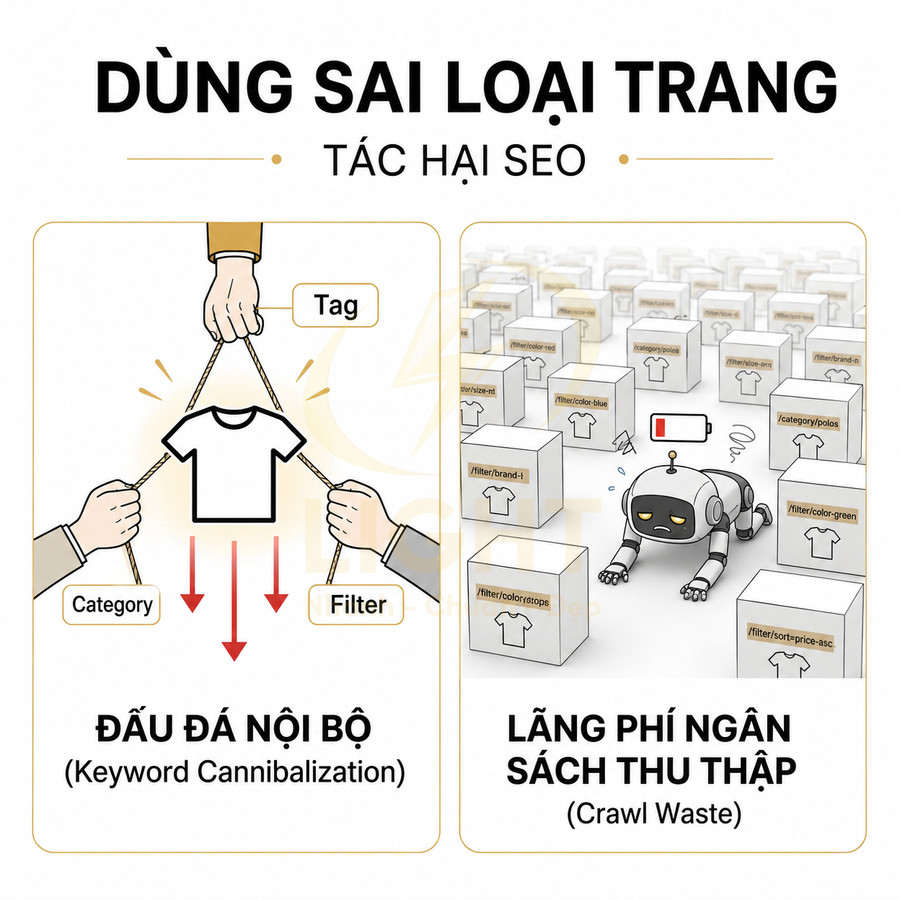 Minh họa tác hại SEO khi dùng sai loại trang với sản phẩm áo thun bị kéo bởi tag category filter và robot thu thập kiệt sức