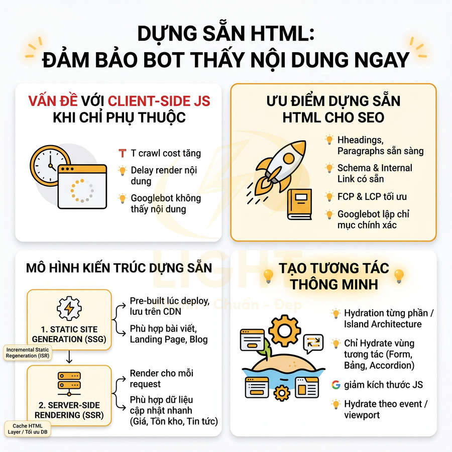 Infographic giải thích lợi ích dựng sẵn HTML cho SEO, mô hình SSG và SSR, tối ưu crawl và tương tác thông minh