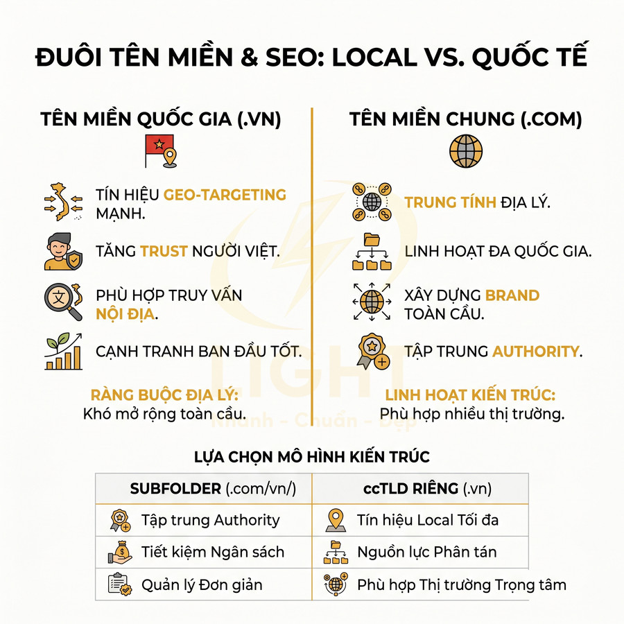 So sánh ưu nhược điểm tên miền quốc gia .vn và tên miền quốc tế .com trong chiến lược SEO local và global