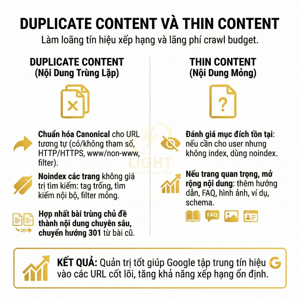 Hướng dẫn xử lý duplicate content và thin content trong SEO để tối ưu crawl budget và cải thiện xếp hạng Google