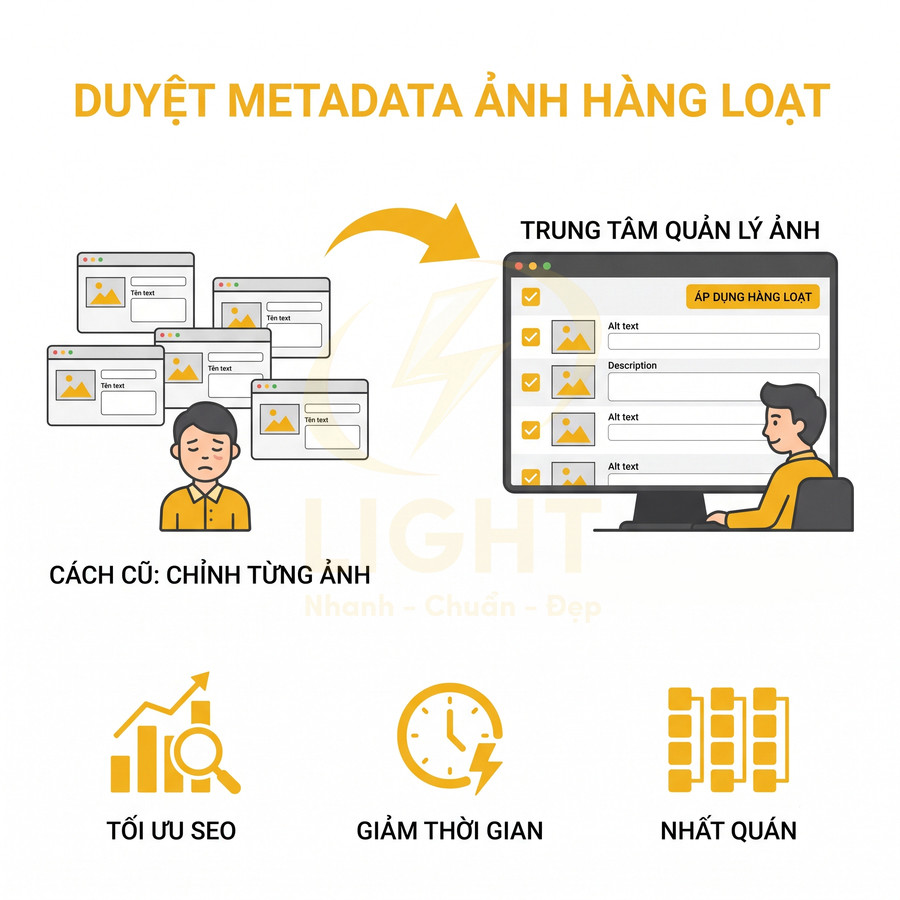 Minh họa công cụ duyệt metadata ảnh hàng loạt giúp tối ưu SEO, tiết kiệm thời gian và đảm bảo nhất quán nội dung alt text