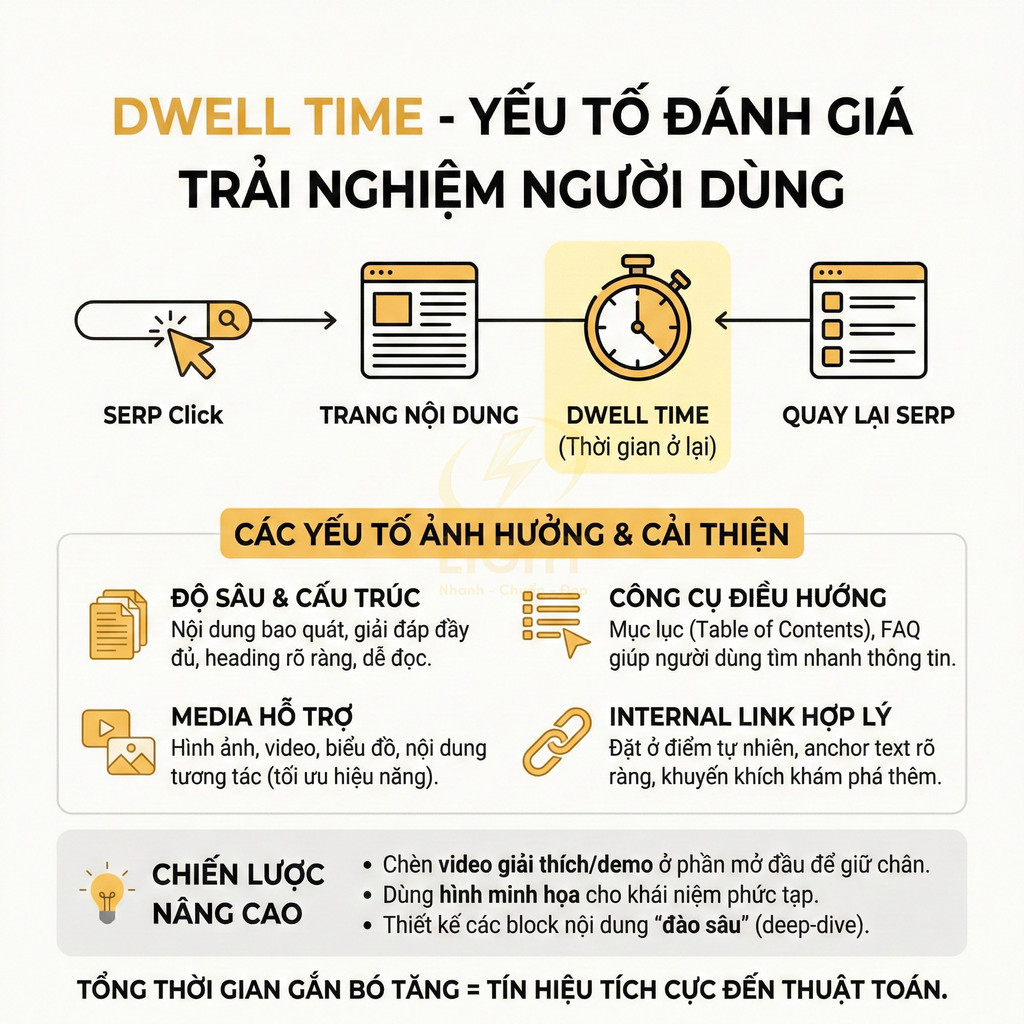 Infographic giải thích dwell time và các yếu tố cải thiện trải nghiệm người dùng trên trang web SEO
