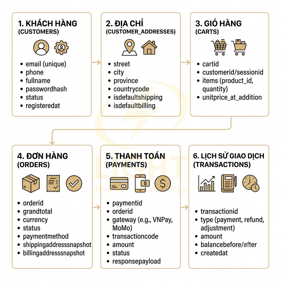 Sơ đồ cấu trúc dữ liệu khách hàng, giỏ hàng, đơn hàng, thanh toán và giao dịch cho hệ thống ecommerce