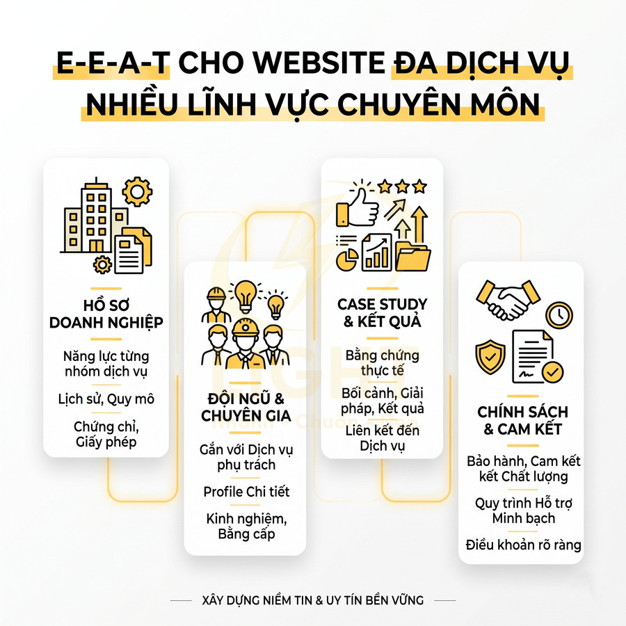 Infographic E-E-A-T cho website đa dịch vụ với hồ sơ doanh nghiệp, đội ngũ chuyên gia, case study, chính sách và cam kết