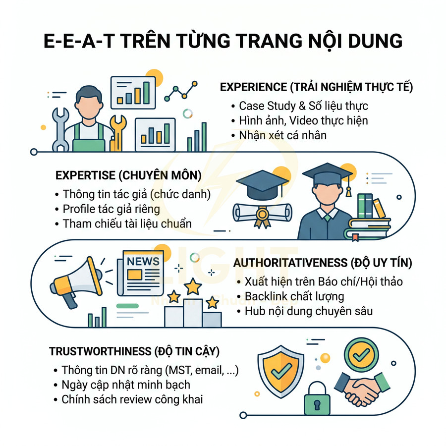 Infographic E-E-A-T giải thích Experience, Expertise, Authoritativeness, Trustworthiness trong tối ưu nội dung SEO