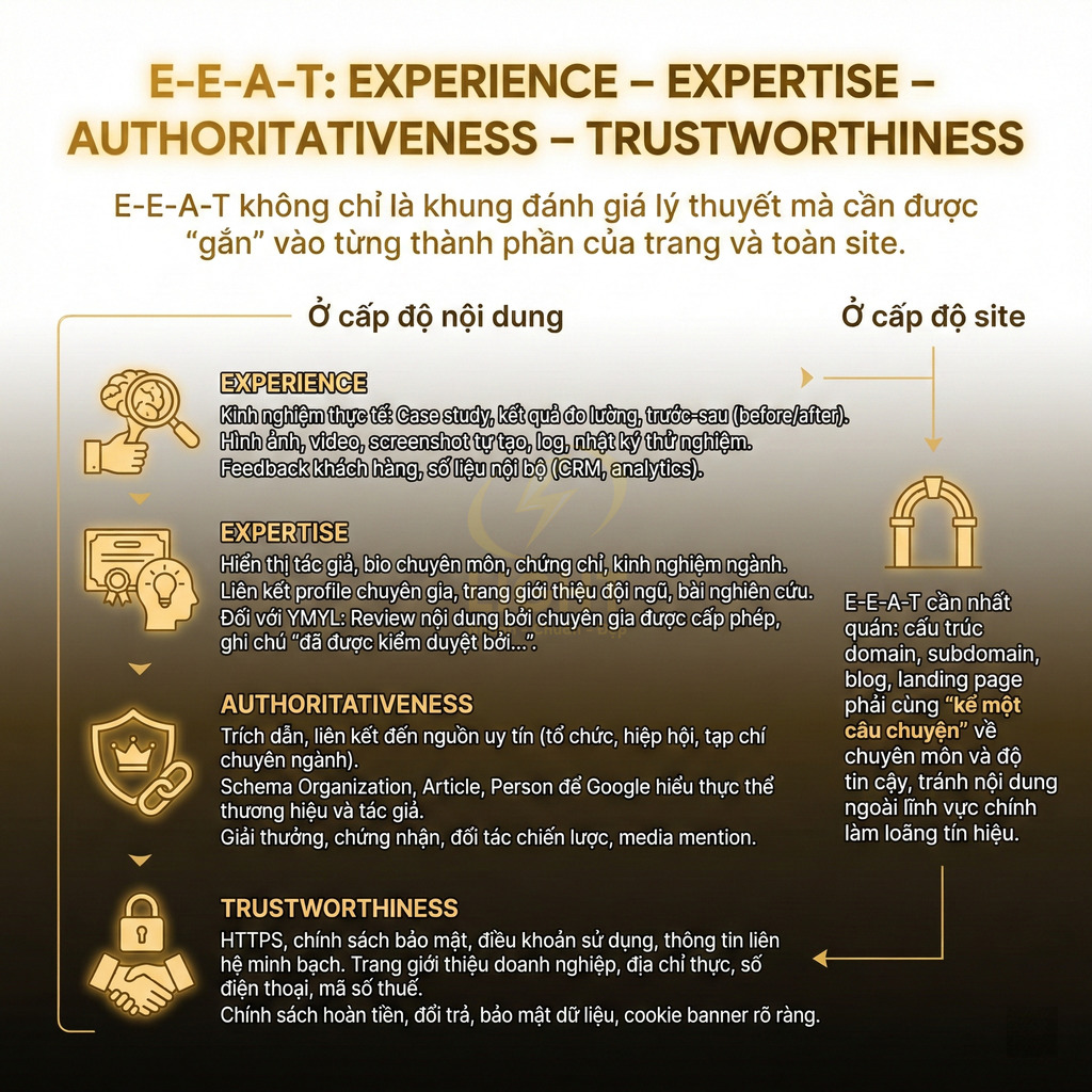 Infographic giải thích tiêu chí E-E-A-T Experience Expertise Authoritativeness Trustworthiness trong SEO bằng tiếng Việt